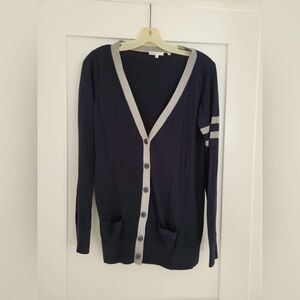 Vince navy blue lightweight varsity style cardigan w/ grey stripe accents